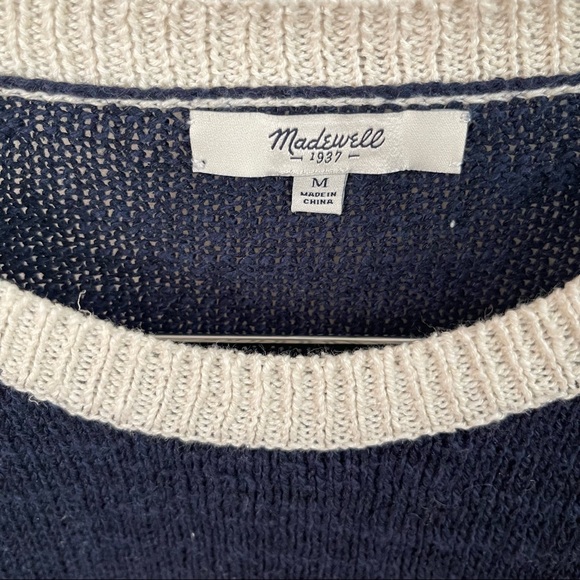 Madewell Raglan Baseball Sweater Size Medium Navy Blue & Cream Linen/Cotton/Silk - Picture 5 of 9